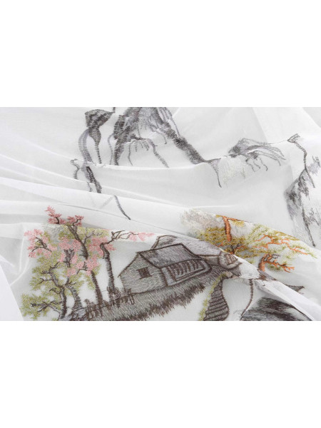 QYHL225IA Silver Beach Embroidered Picturesque Gold Blue Grey Faux Pleated Ready Made Curtains
