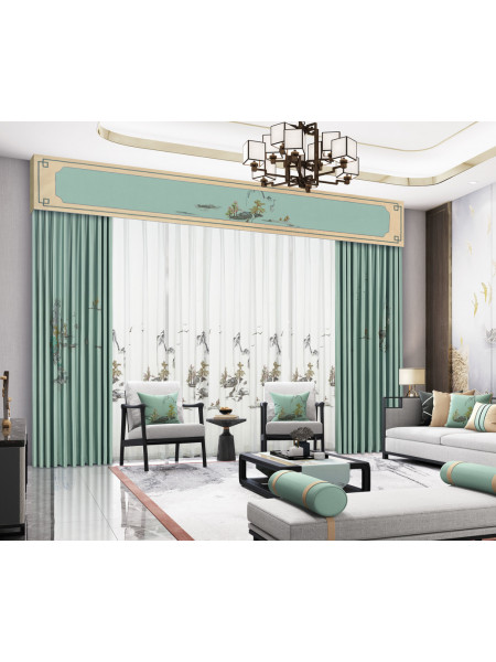 EQYHL225ID Silver Beach Embroidered Picturesque Gold Blue Grey Faux Flat Ready Made Curtains