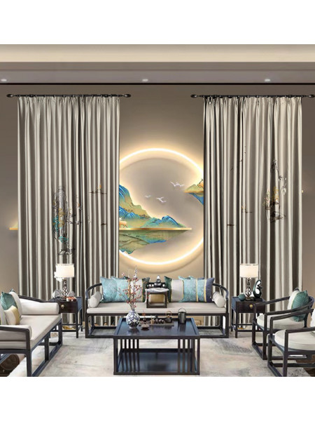 EQYHL225ID Silver Beach Embroidered Picturesque Gold Blue Grey Faux Flat Ready Made Curtains