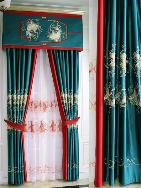 EQYHL225MA Extra Long Gold Blue Red Embroidered Jumping Fish Pinch Pleat Ready Made Blockout Curtains For Dining Room(Color: Blue)