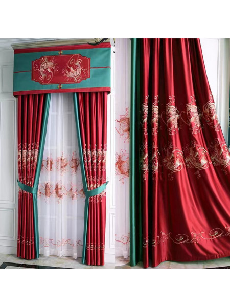 EQYHL225MA Extra Long Gold Blue Red Embroidered Jumping Fish Pinch Pleat Ready Made Blockout Curtains For Dining Room