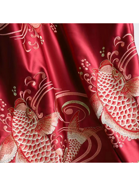 EQYHL225MA Extra Long Gold Blue Red Embroidered Jumping Fish Pinch Pleat Ready Made Blockout Curtains For Dining Room