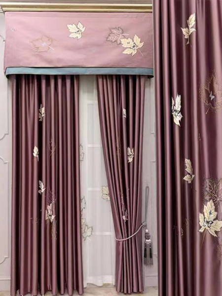 QYHL225R Silver Beach Embroidered Maple Leaves Red Blue Faux Silk Custom Made Curtains