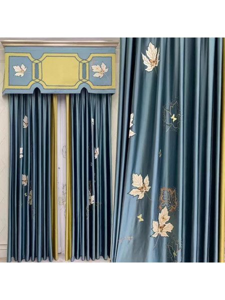 EQYHL225RA Extra Wide Embroidered Maple Leaves Red Blue Ready Made Pinch Pleat  Blockout Curtains For Dining Room
