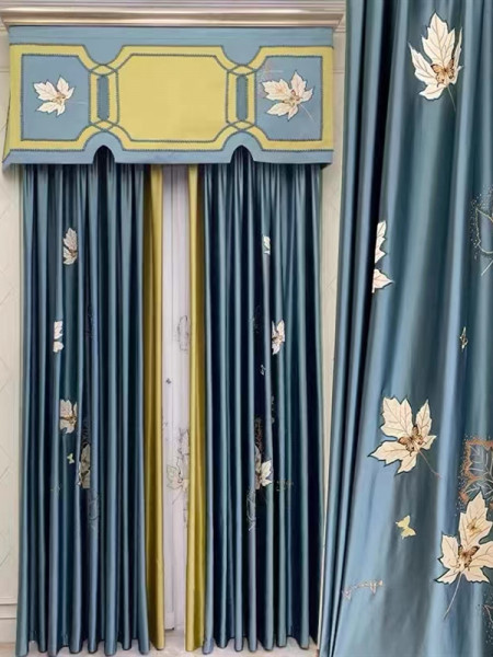 EQYHL225RA Extra Wide Embroidered Maple Leaves Red Blue Ready Made Pinch Pleat  Blockout Curtains For Dining Room(Color: Blue)