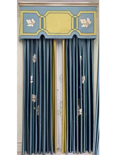 EQYHL225RA Extra Wide Embroidered Maple Leaves Red Blue Ready Made Pinch Pleat  Blockout Curtains For Dining Room