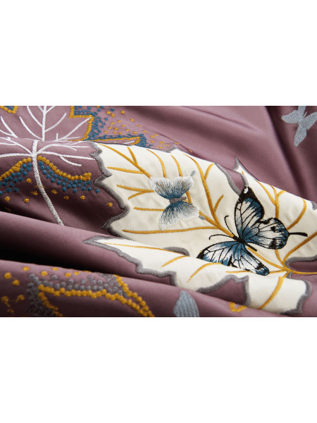 QYHL225RS Silver Beach Embroidered Maple Leaves Faux Silk Blockout Curtains Fabric Samples(Color: Red)