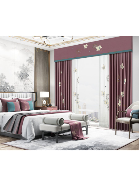 EQYHL225RA Extra Wide Embroidered Maple Leaves Red Blue Ready Made Pinch Pleat  Blockout Curtains For Dining Room