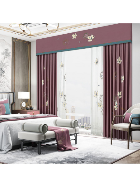 EQYHL225RA Extra Wide Embroidered Maple Leaves Red Blue Ready Made Pinch Pleat  Blockout Curtains For Dining Room