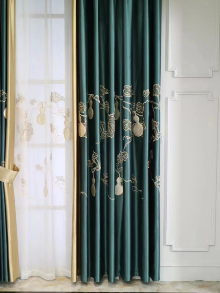 QYHL225SS Silver Beach Embroidered Gourd Blue Grey Faux Silk Blockout Curtains Fabric Samples(Color: Blue)
