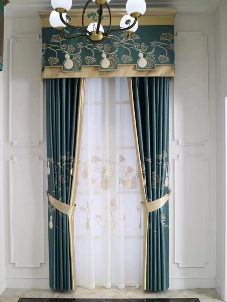 EQYHL225SA Extra Wide Embroidered Gourd Blue Grey Ready Made Pencil Pleat Blockout Curtains For Sliding Doors