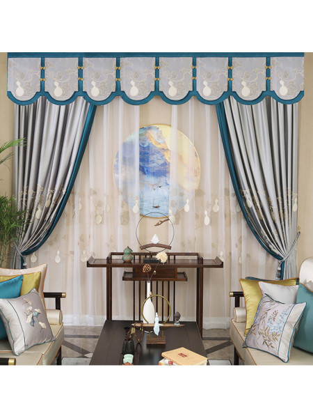 EQYHL225SA Extra Wide Embroidered Gourd Blue Grey Ready Made Pencil Pleat Blockout Curtains For Sliding Doors