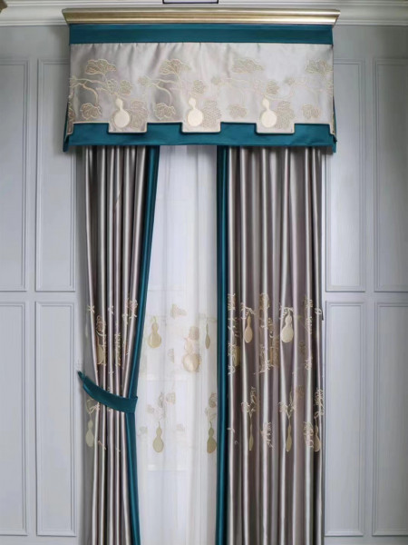 EQYHL225SA Extra Wide Embroidered Gourd Blue Grey Ready Made Pencil Pleat Blockout Curtains For Sliding Doors