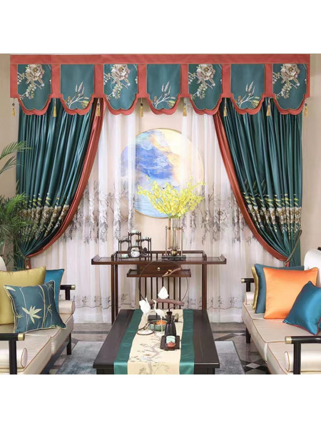 EQYHL225TA Extra Wide EEmbroidered Blooming Flowers Blue Yellow Ready Made Pencil Pleat Blockout Curtains For Sliding Doors