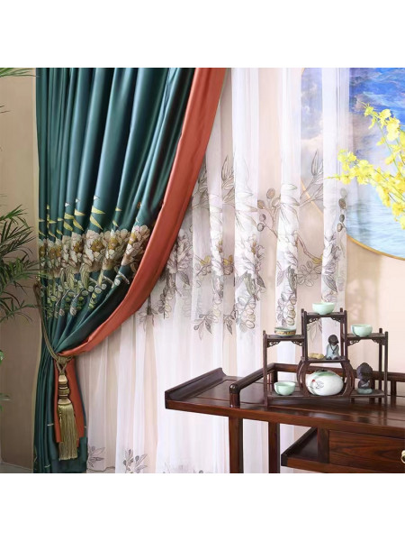 EQYHL225TA Extra Wide EEmbroidered Blooming Flowers Blue Yellow Ready Made Pencil Pleat Blockout Curtains For Sliding Doors