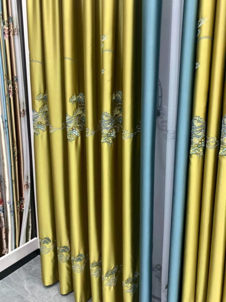 EQYHL225TA Extra Wide Embroidered Green Pines Champagne Blue Ready Made Pencil Pleat Blockout Curtains For Living Room