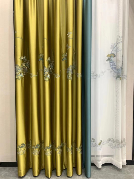 EQYHL225TA Extra Wide Embroidered Green Pines Champagne Blue Ready Made Pencil Pleat Blockout Curtains For Living Room