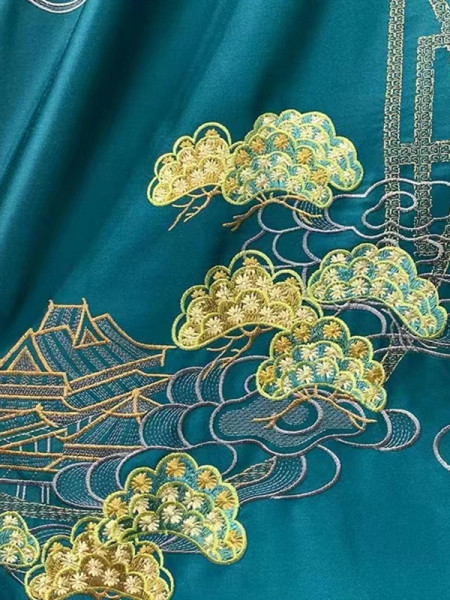 EQYHL225TA Extra Wide Embroidered Green Pines Champagne Blue Ready Made Pencil Pleat Blockout Curtains For Living Room(Color: Blue)