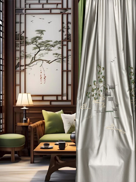 EQYHL225VA Extra Wide Embroidered Green Pines Champagne Blue Ready Made Pencil Pleat Blockout Curtains For Large Windows