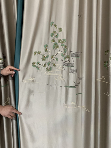 EQYHL225VA Extra Wide Embroidered Green Pines Champagne Blue Ready Made Pencil Pleat Blockout Curtains For Large Windows