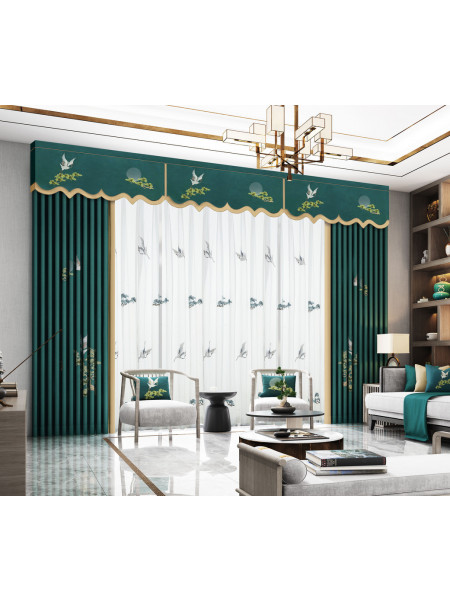 EQYHL226AA Silver Beach Embroidered Pine Trees And Cranes Faux Silk Pleated Ready Made Curtains(Color: Green)