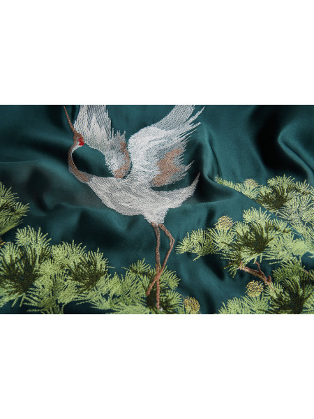 EQYHL226AA Silver Beach Embroidered Pine Trees And Cranes Faux Silk Pleated Ready Made Curtains