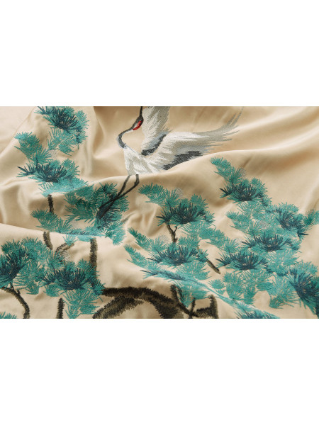 EQYHL226AA Silver Beach Embroidered Pine Trees And Cranes Faux Silk Pleated Ready Made Curtains