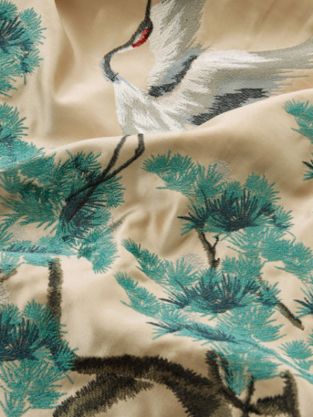 QYHL226AA Silver Beach Embroidered Pine Trees And Cranes Faux Silk Pleated Ready Made Curtains