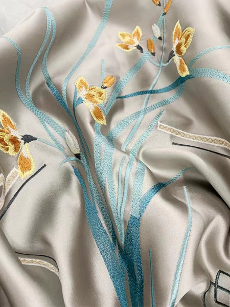 QYHL226BA Silver Beach Embroidered Orchid Fragrant Thoroughwort Faux Silk Pleated Ready Made Curtains(Color: Grey)