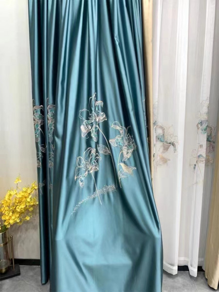 QYHL226D Silver Beach Embroidered Lotus Flower Faux Silk Custom Made Curtains