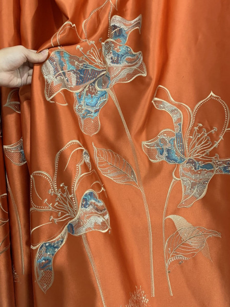 QYHL226DD Silver Beach Embroidered Lotus Flower Faux Silk Flat Ready Made Curtains(Color: Orange)