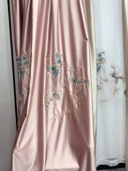 QYHL226DD Silver Beach Embroidered Lotus Flower Faux Silk Flat Ready Made Curtains