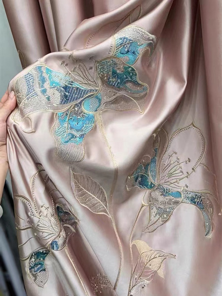 QYHL226DD Silver Beach Embroidered Lotus Flower Faux Silk Flat Ready Made Curtains(Color: Pink)