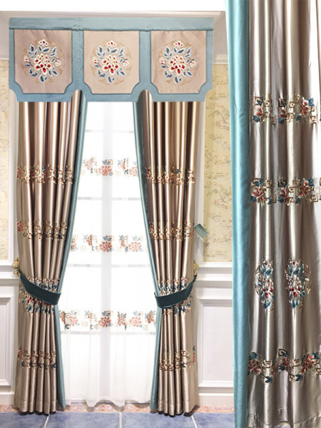 EQYHL226EA Silver Beach Embroidered Flowers Faux Silk Pleated Ready Made Curtains(Color: Champagne)