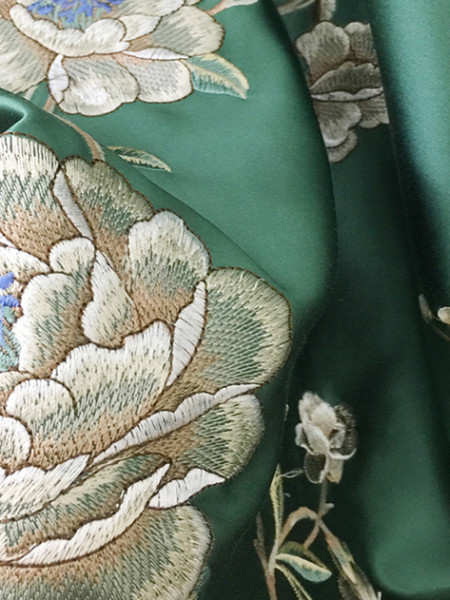 EQYHL226FA Silver Beach Embroidered Peony Faux Silk Pinch Pleat Ready Made Curtains(Color: Green)