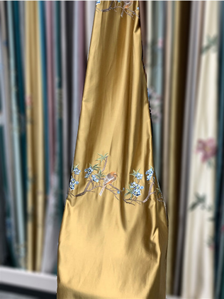 EQYHL226GA Silver Beach Embroidered Birds Faux Silk Pinch Pleat Ready Made Curtains(Color: Gold)