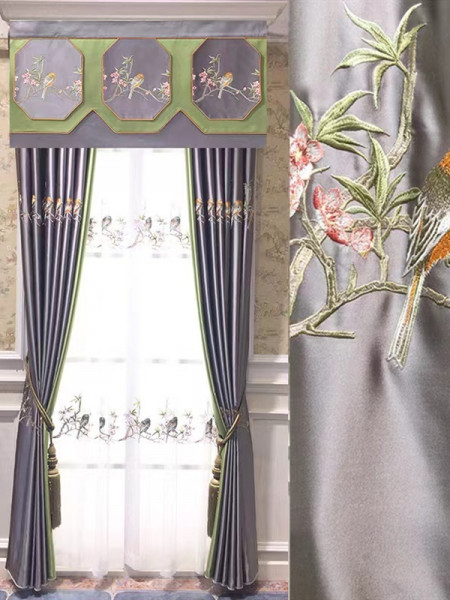 EQYHL226GA Silver Beach Embroidered Birds Faux Silk Pinch Pleat Ready Made Curtains