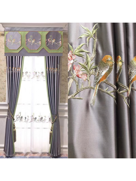 QYHL226GA Silver Beach Embroidered Birds Faux Silk Pinch Pleat Ready Made Curtains(Color: Grey)