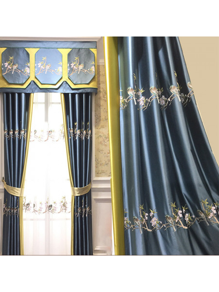 EQYHL226GA Silver Beach Embroidered Birds Faux Silk Pinch Pleat Ready Made Curtains(Color: Blue)