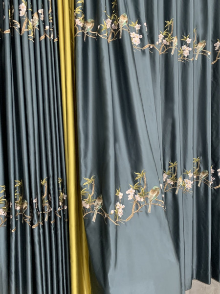 EQYHL226GA Silver Beach Embroidered Birds Faux Silk Pinch Pleat Ready Made Curtains