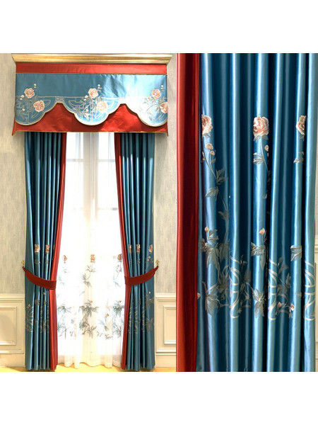 EQYHL226HA Silver Beach Embroidered Birds Faux Silk Pinch Pleat Ready Made Curtains(Color: Blue)