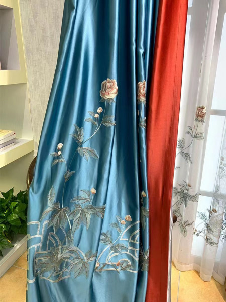 QYHL226H Silver Beach Embroidered Peony Faux Silk Blockout Curtains For Living Rooms Customize