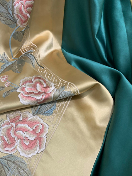 QYHL226H Silver Beach Embroidered Peony Faux Silk Blockout Curtains For Living Rooms Customize