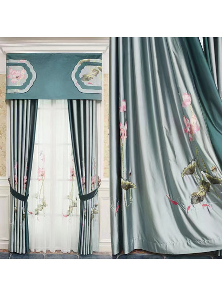 QYHL226ID Embroidered Lotus Faux Silk Blockout Eyelet Ready Made Curtains For Bed Room(Color: Blue)