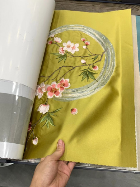 QYHL226JD Silver Beach Embroidered Peach Blossom Faux Silk Flat Ready Made Curtains(Color: Yellow)