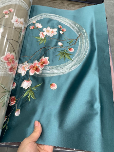 QYHL226JD Silver Beach Embroidered Peach Blossom Faux Silk Flat Ready Made Curtains(Color: Blue)