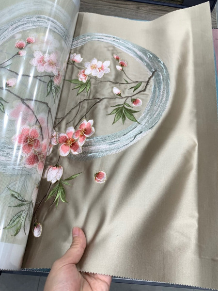 QYHL226J Silver Beach Embroidered Peach Blossom Faux Silk Custom Made Curtains