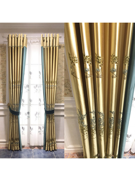 QYHL226L Silver Beach Embroidered Trees Faux Silk Beautiful Custom Made Curtains For Living Room Large Windows(Color: Gold)
