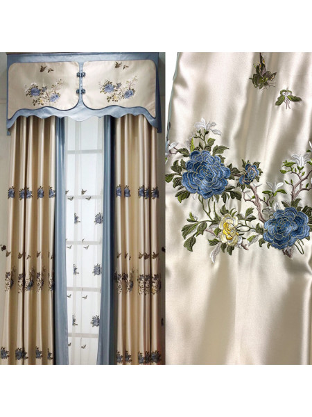 QYHL226ND Silver Beach Embroidered Peony Faux Silk Blockout Eyelet Ready Made Curtains