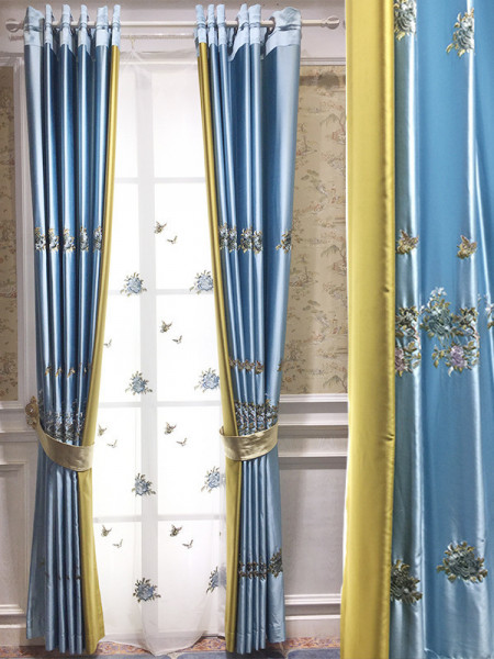 QYHL226N Silver Beach Embroidered Peony Faux Silk Beautiful Custom Made Curtains For Living Room